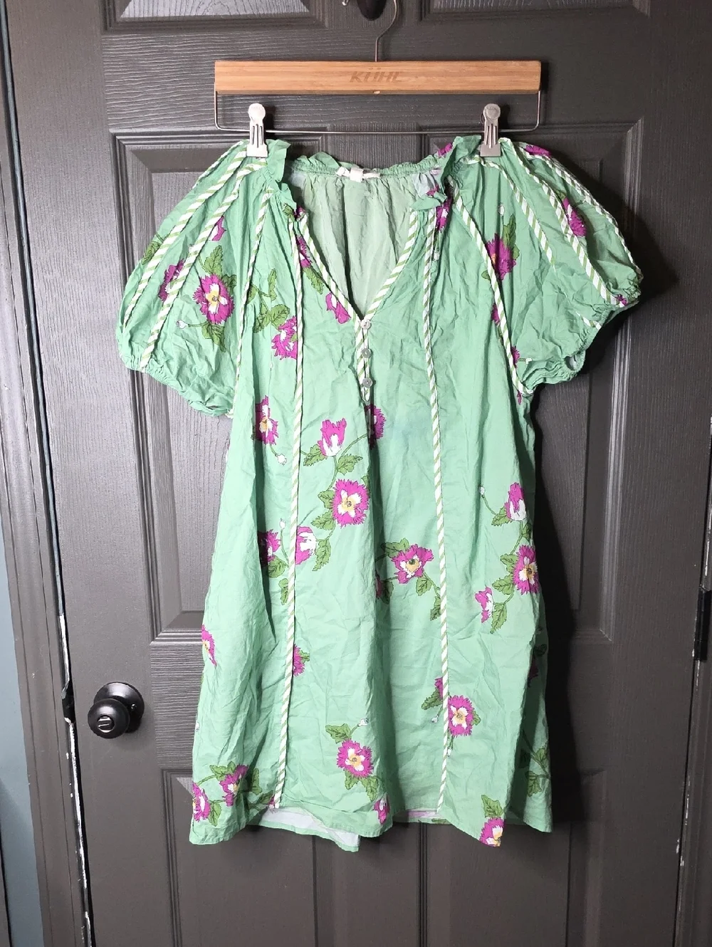 Entro Green Floral Peasant Dress with Puff Sleeves Size Small